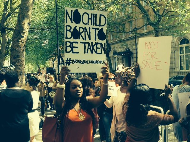 Chanting "Bring Back Our Girls, Not For sale, African Lives Matter," protesters outside the Nigeria High Commission in London demanding action to rescue more than 200 school girls abducted by Boko Haram. Image: @RonanLTynan